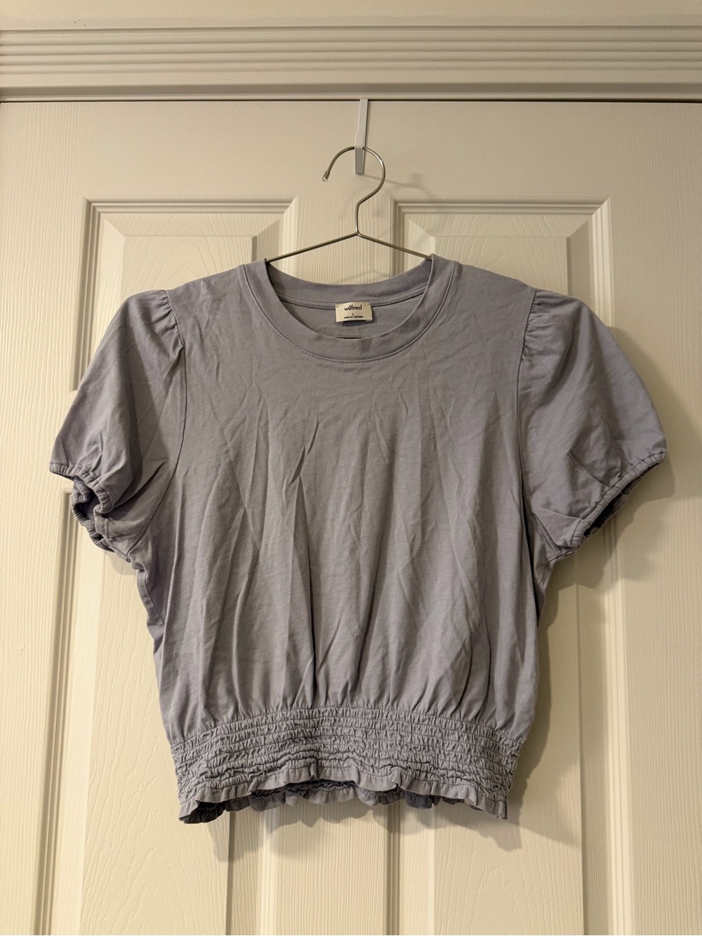 Wilfred Lavender Smocked-Hem Puff Sleeve Crop Top
